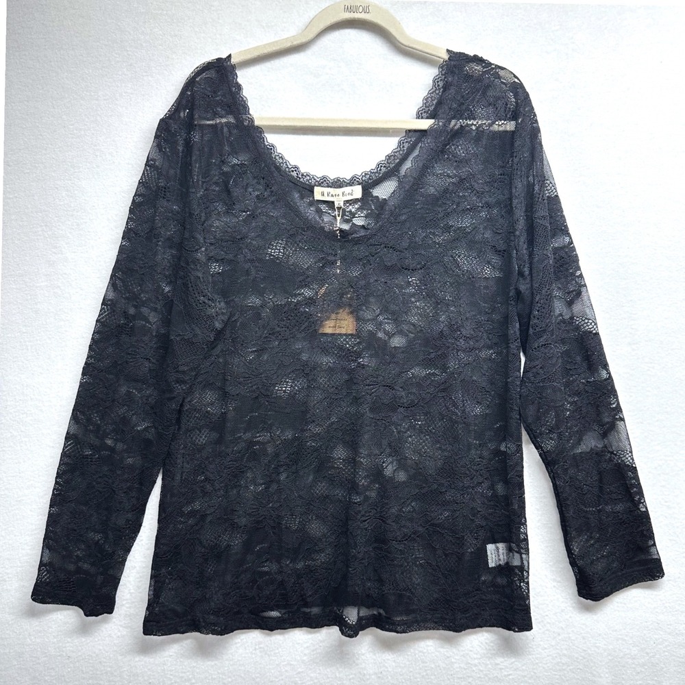 A Rare Bird Lace Layering Top L/XL Boho Black Sheer Whimsical Floral Ethereal
